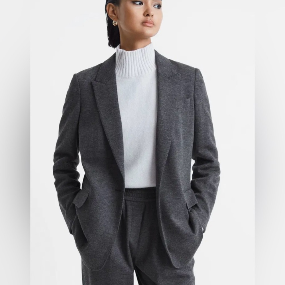 Reiss 100% Wool Charcoal Gray Women's Button Blazer Style Longline Warm Cardigan